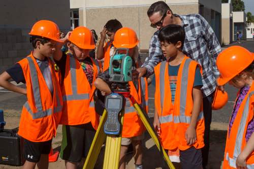 Survey team meets with La Costa Height interns to evaluate topography on campus