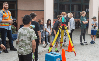 A student peers through topographic measuring equipment with the help of a survey team 